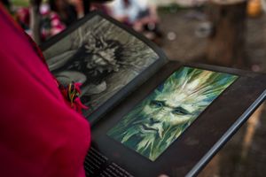 A series of digital photos displayed on screens showing floral photography.