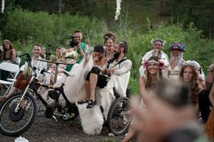 Outdoor wedding celebration with guests and a bicycle in a natural woodland setting.