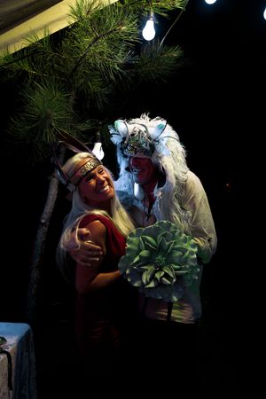 A theatrical performance under twinkling lights featuring mystical woodland characters in costume.