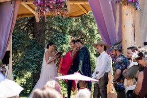 An outdoor wedding ceremony takes place under a purple draped canopy with floral decorations.
