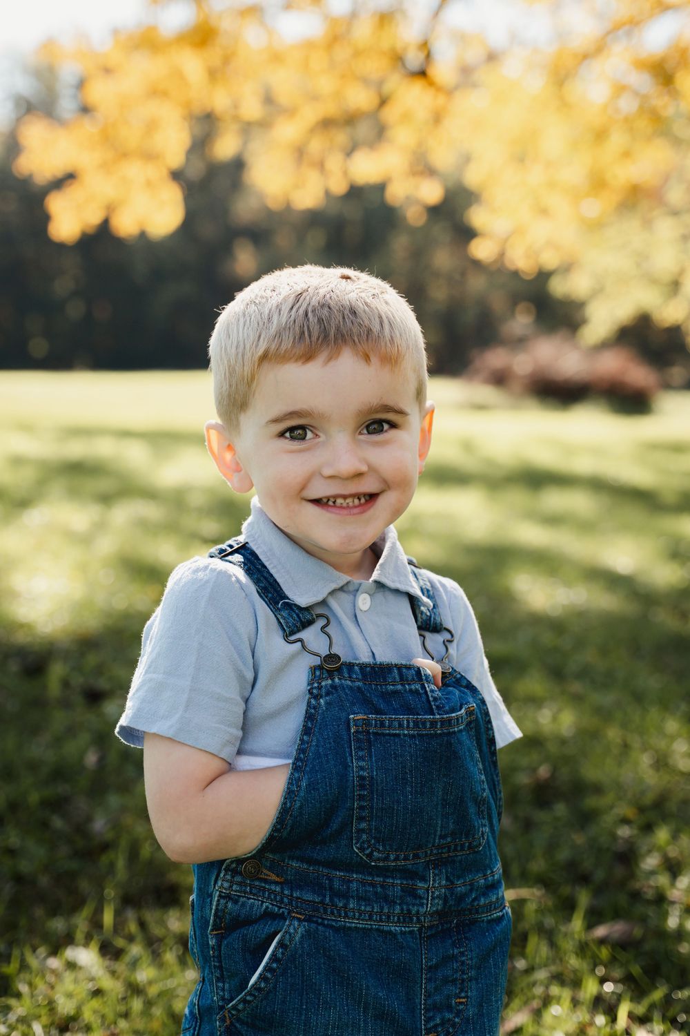A small child in denim overalls and a light shirt sits outdoors on grass with golden autumn foliage in the background.