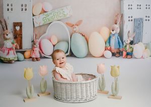 Whimsical Easter-themed setup with pastel eggs, stuffed bunnies and decorative houses.