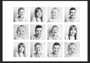 Black and white portrait photo grid showing various expressions and poses against white backdrop.