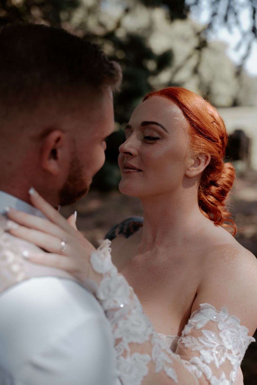A romantic wedding photo sequence showing a couple in an intimate close-up moment outdoors.