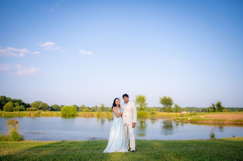 Panoramic wedding photos by a serene lake with natural landscape.