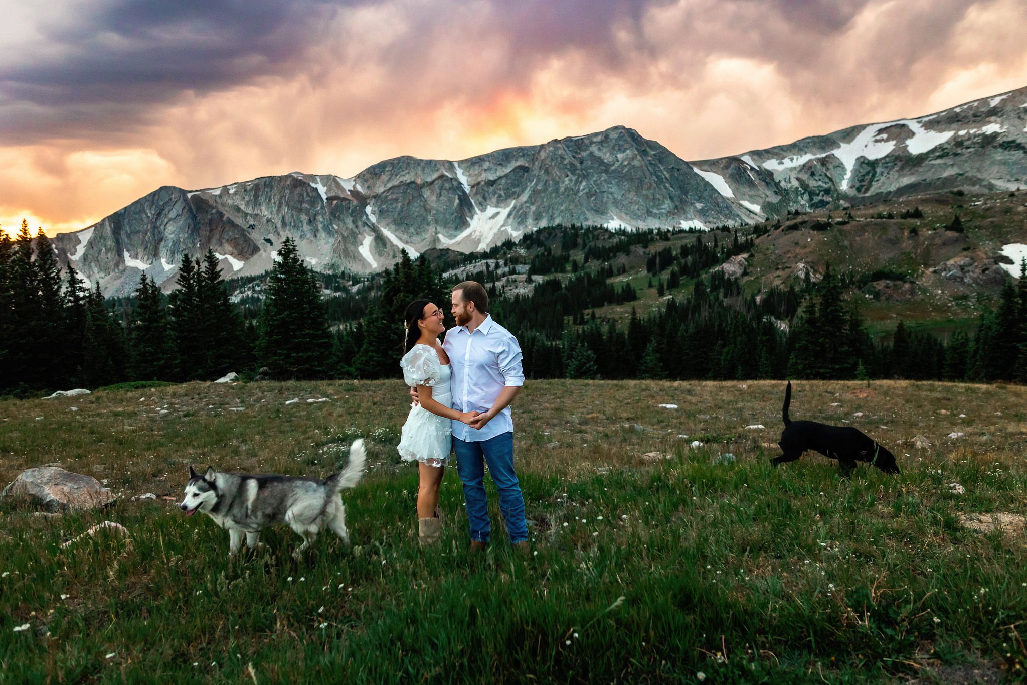 Couple embracing at sunset in mountain meadow with two huskies, dramatic orange sky and snow-capped peaks behind them.