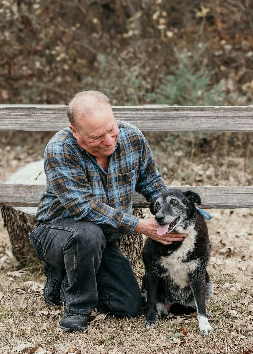 A person in a blue plaid shirt crouches on the ground, playing with a black and white dog.