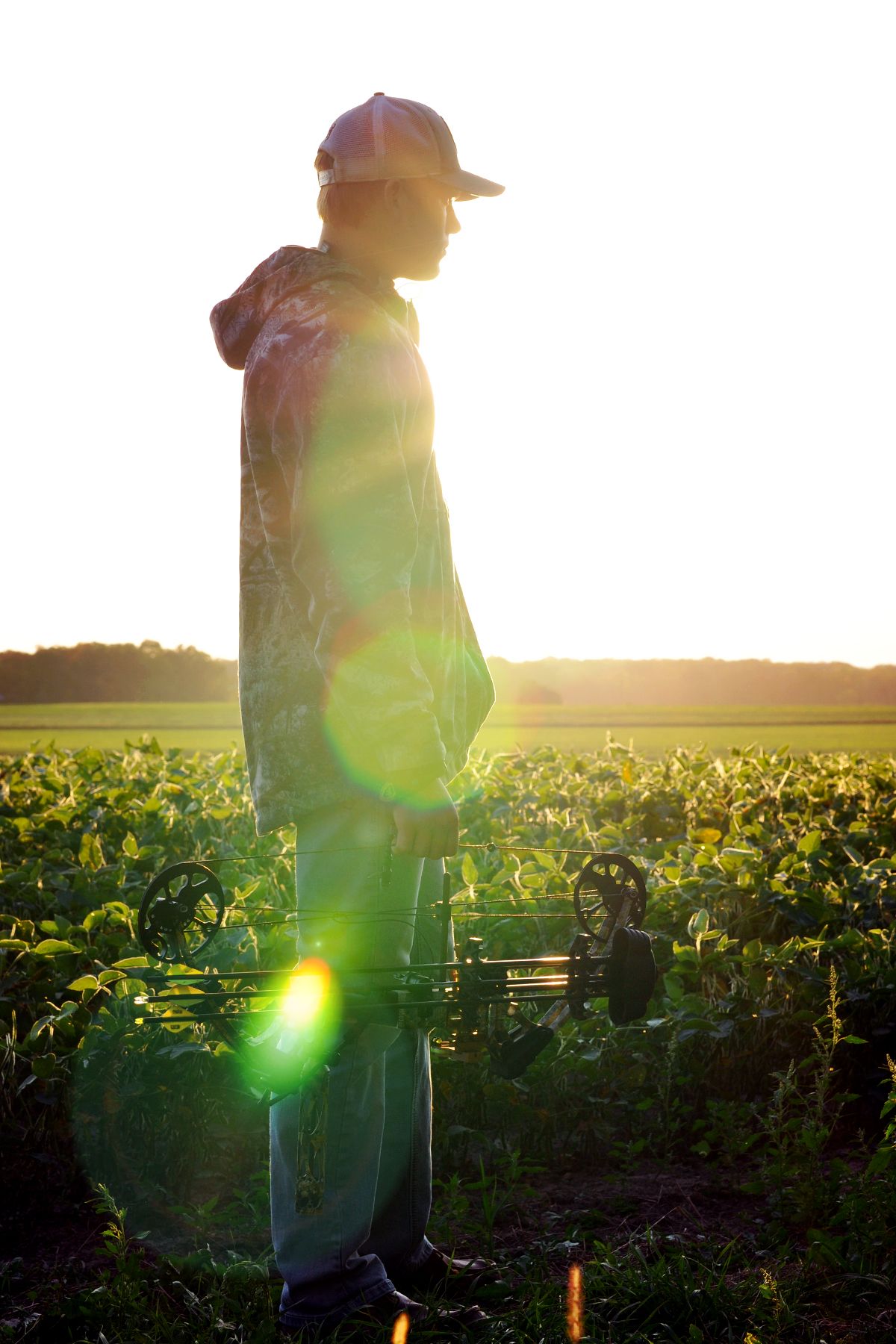 Silhouette standing in a sunlit field of crops during golden hour.