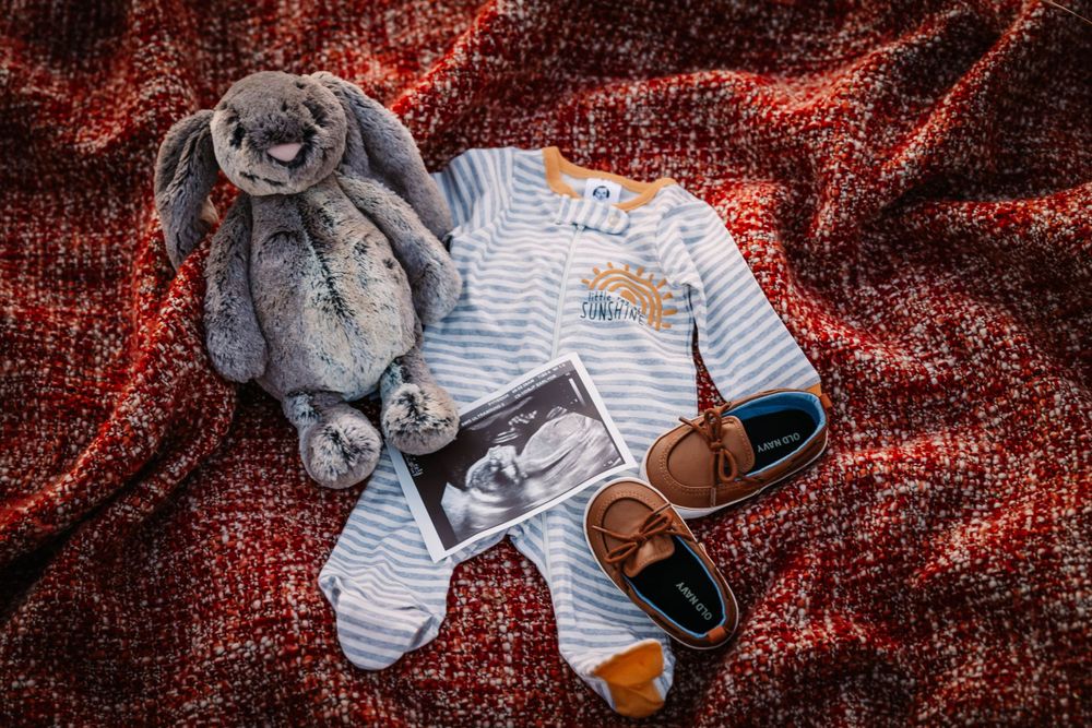 Baby items arranged on red velvet including grey bunny plush, striped onesie and tiny brown shoes.