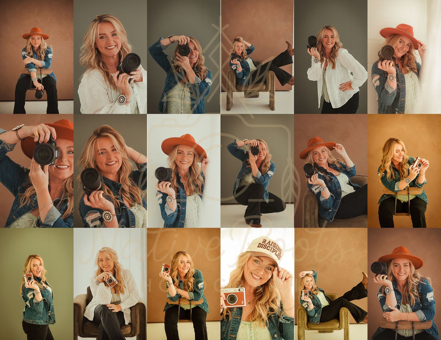 photographer blonde girl orange hat camera