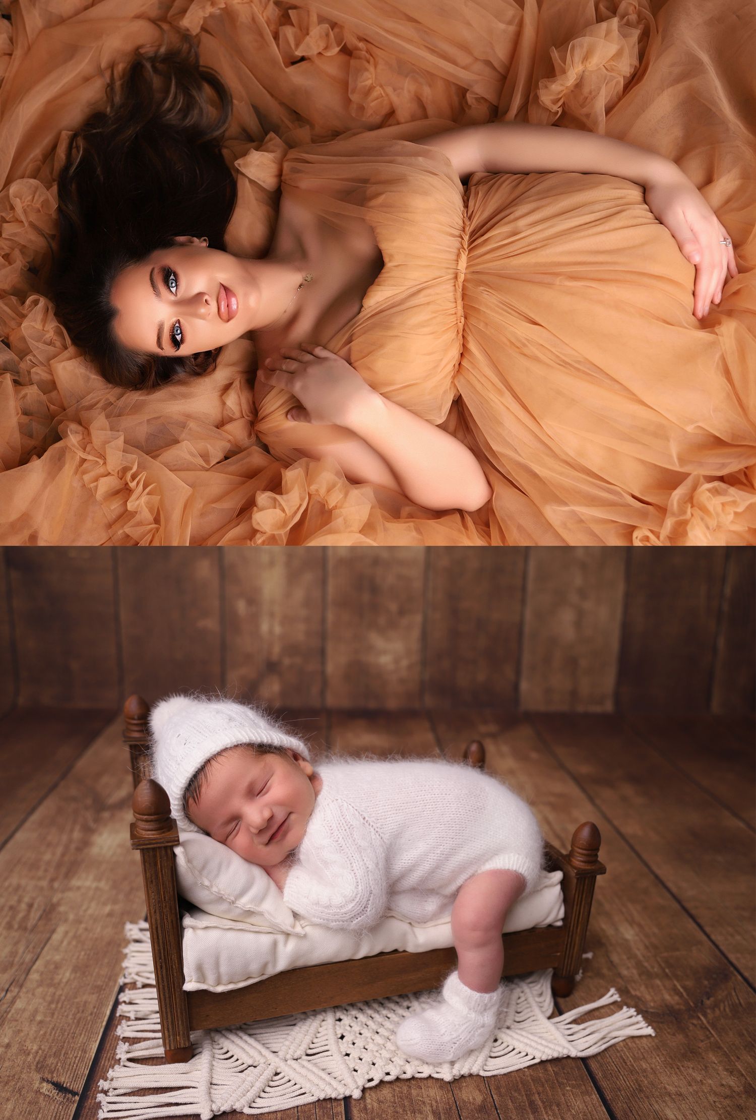 A woman in an elegant peach gown poses gracefully, above a sleeping newborn in white on a tiny wooden bed.
