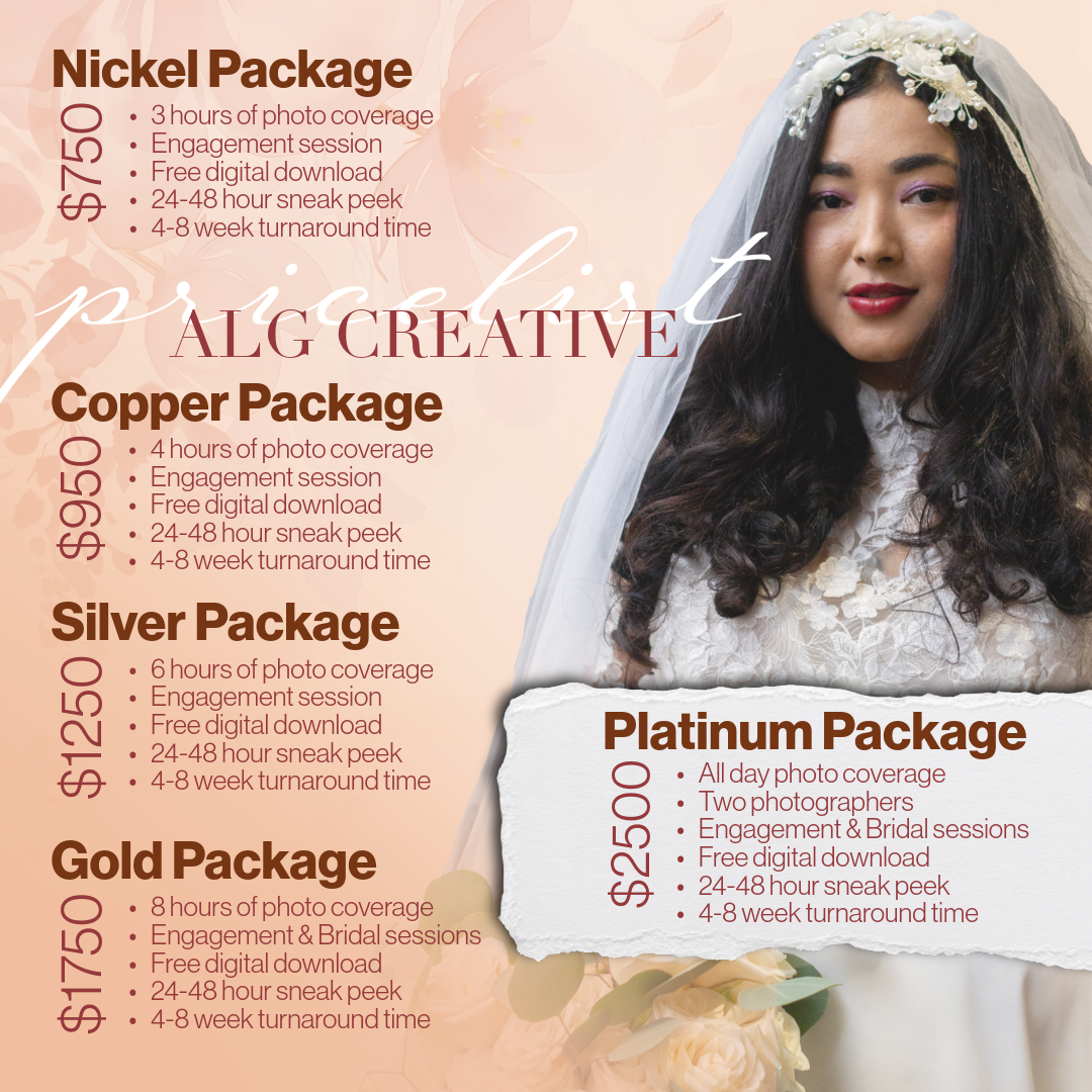 ALG Creative wedding photography packages ranging from $750 Nickel to $2500 Platinum, featuring a bride in a floral dress.