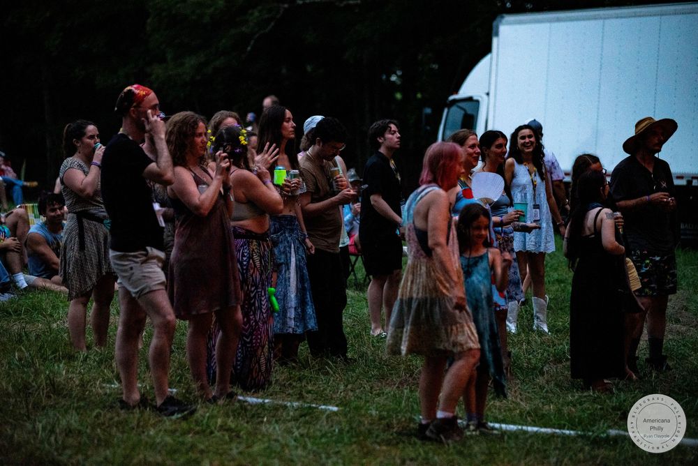 Crowd of festival-goers standing on grass at an outdoor music event during dusk.