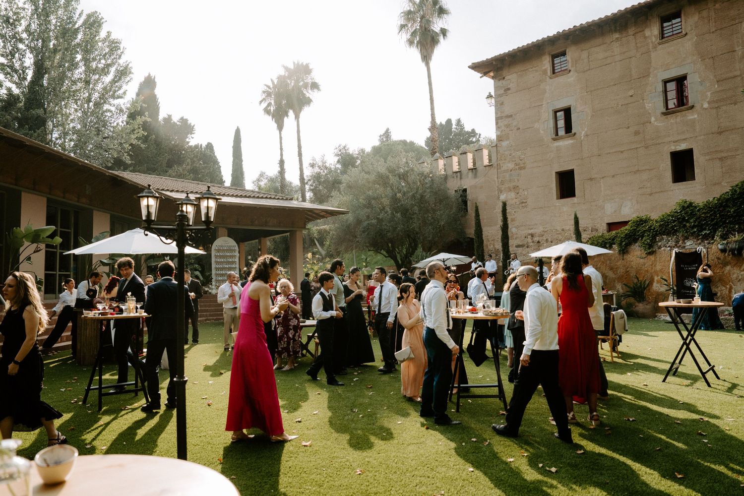Wedding guests mingling on lawn of rustic Spanish villa surrounded by palm trees and Mediterranean gardens.