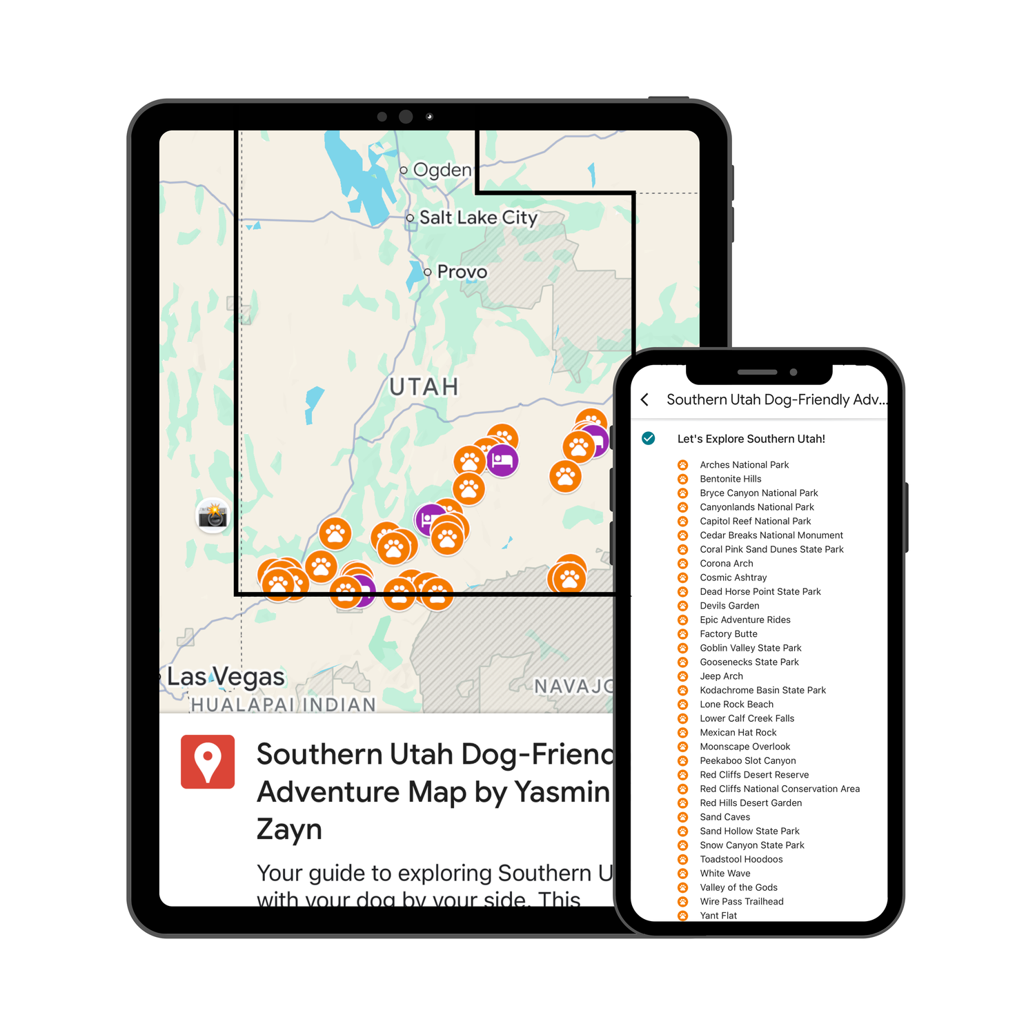 A mobile app interface showing an Arizona map with blue location pins and a scrollable list of destinations.