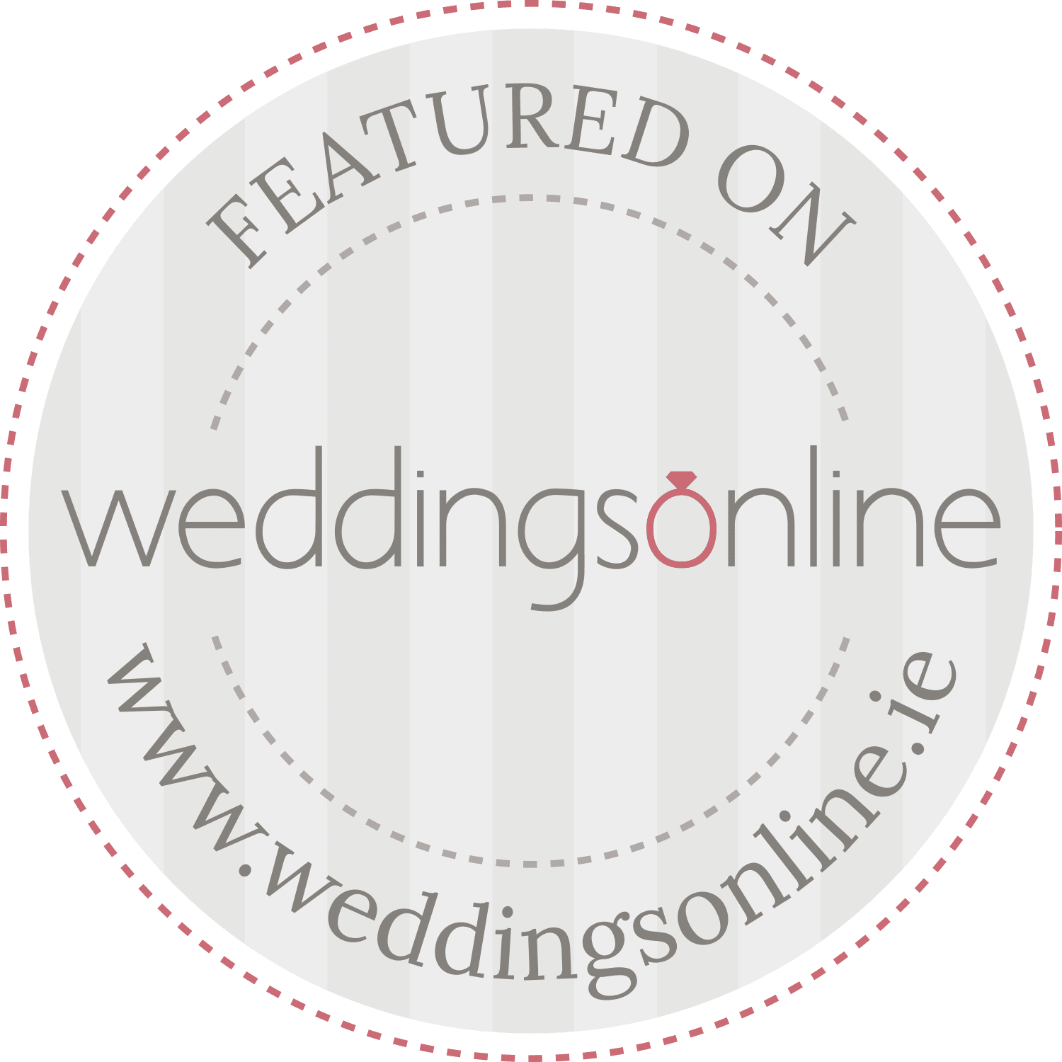 Featured on Weddings Online badge, a circular gray and white striped emblem with dashed pink border for weddingsonline.ie.