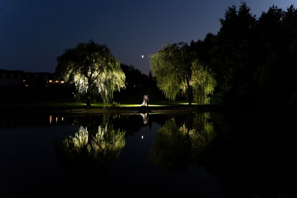 Couple illuminated by light between weeping willow trees reflecting on calm pond at night.