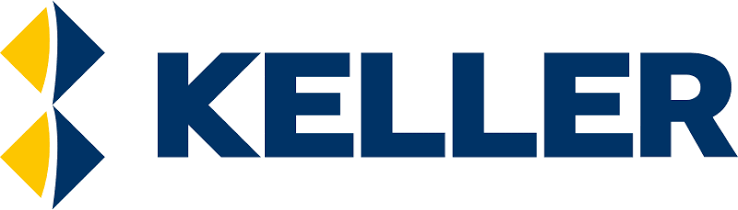 Keller company logo featuring blue geometric diamond shapes in yellow and blue with bold navy blue text.