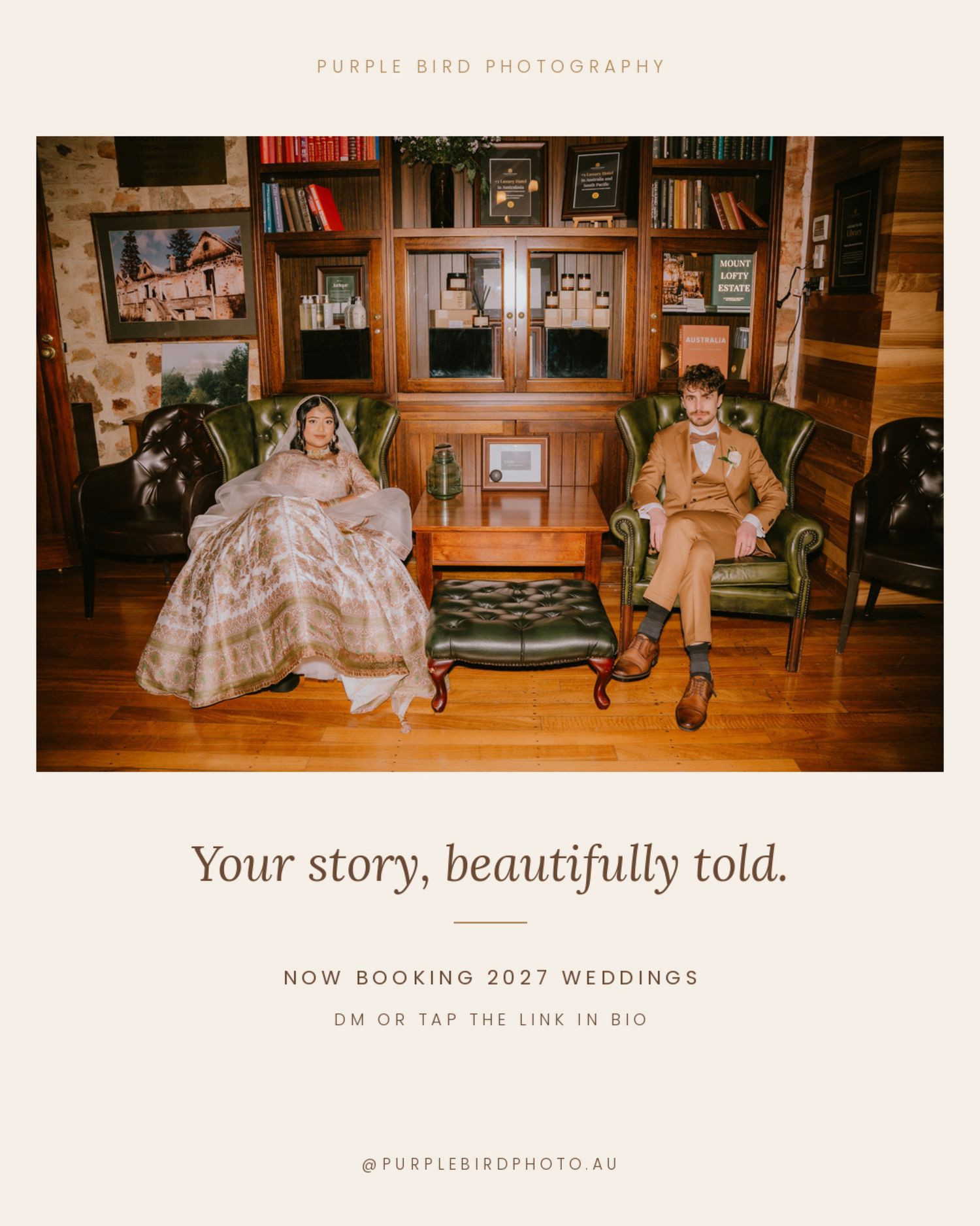 Bride and groom in green leather chairs in a vintage library - book your Adelaide wedding photographer, Purple Bird Photo