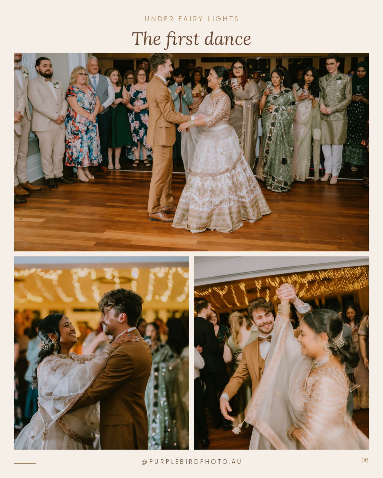 Guests watch the couple's first dance, the bride in a flowing blush lehenga - Adelaide wedding reception highlights