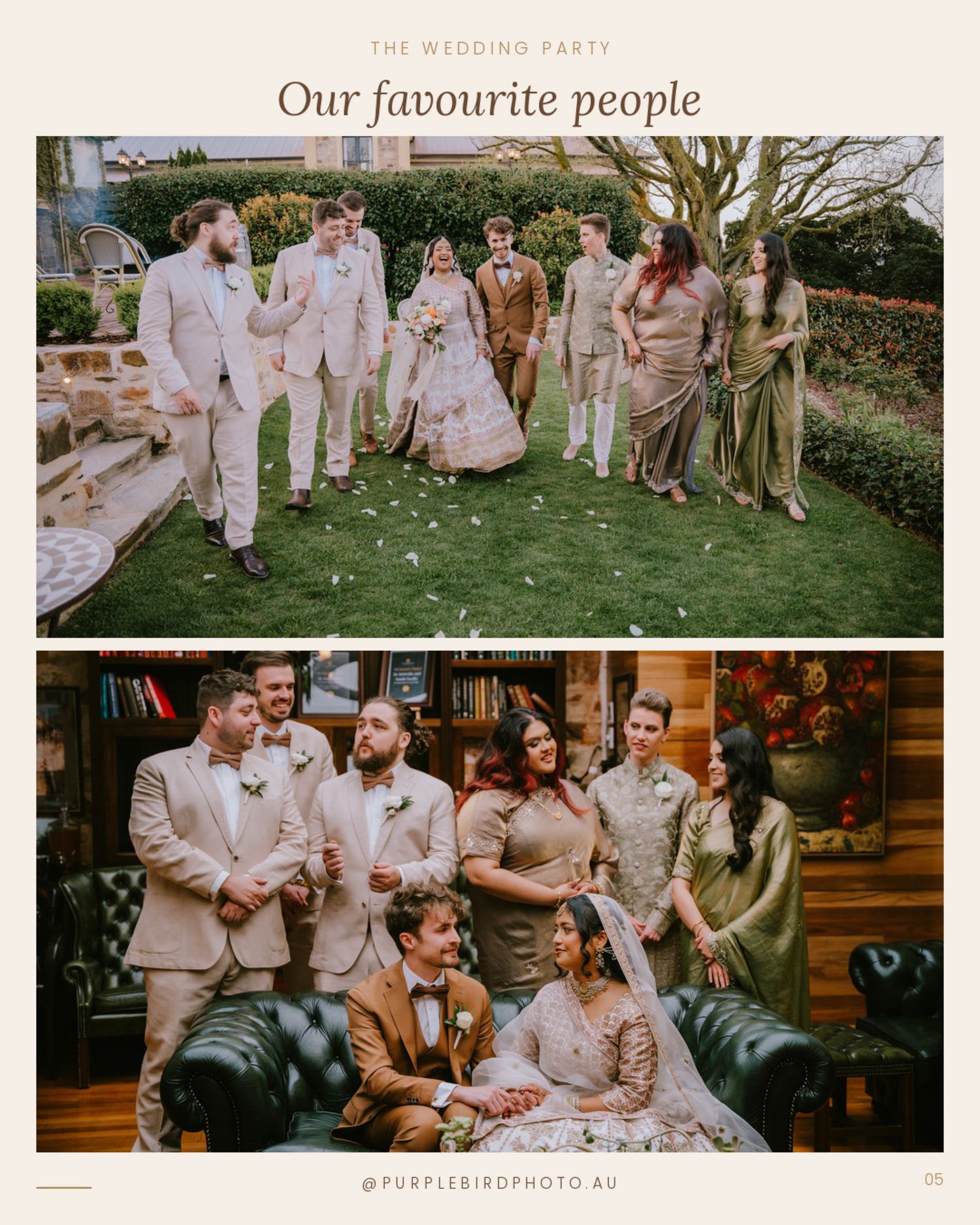 Bridal party in tan suits and green dresses on a sunny lawn - Adelaide wedding party and family group photos