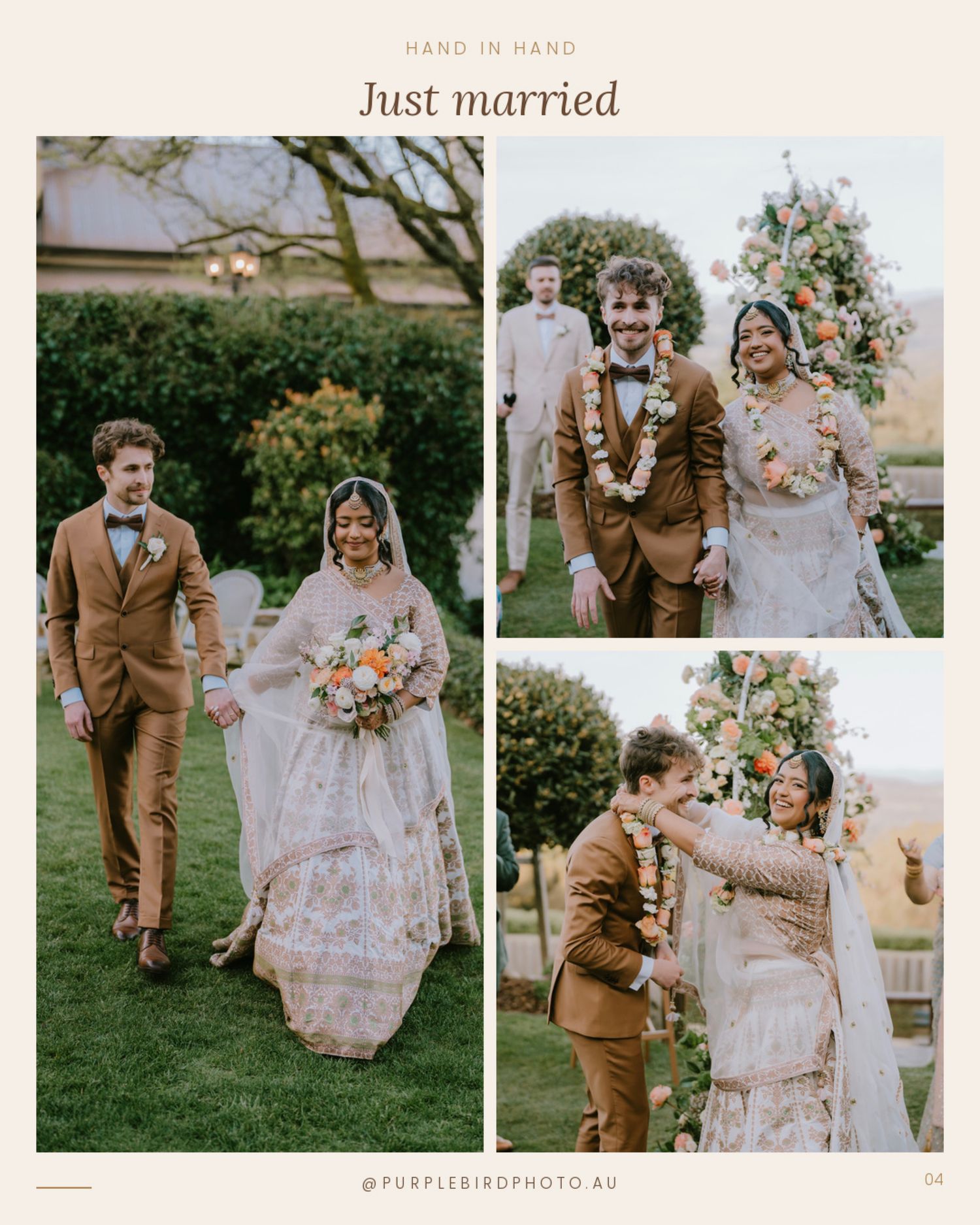 Just married couple in a brown suit and ivory lehenga hold hands on the lawn - Adelaide wedding ceremony photography