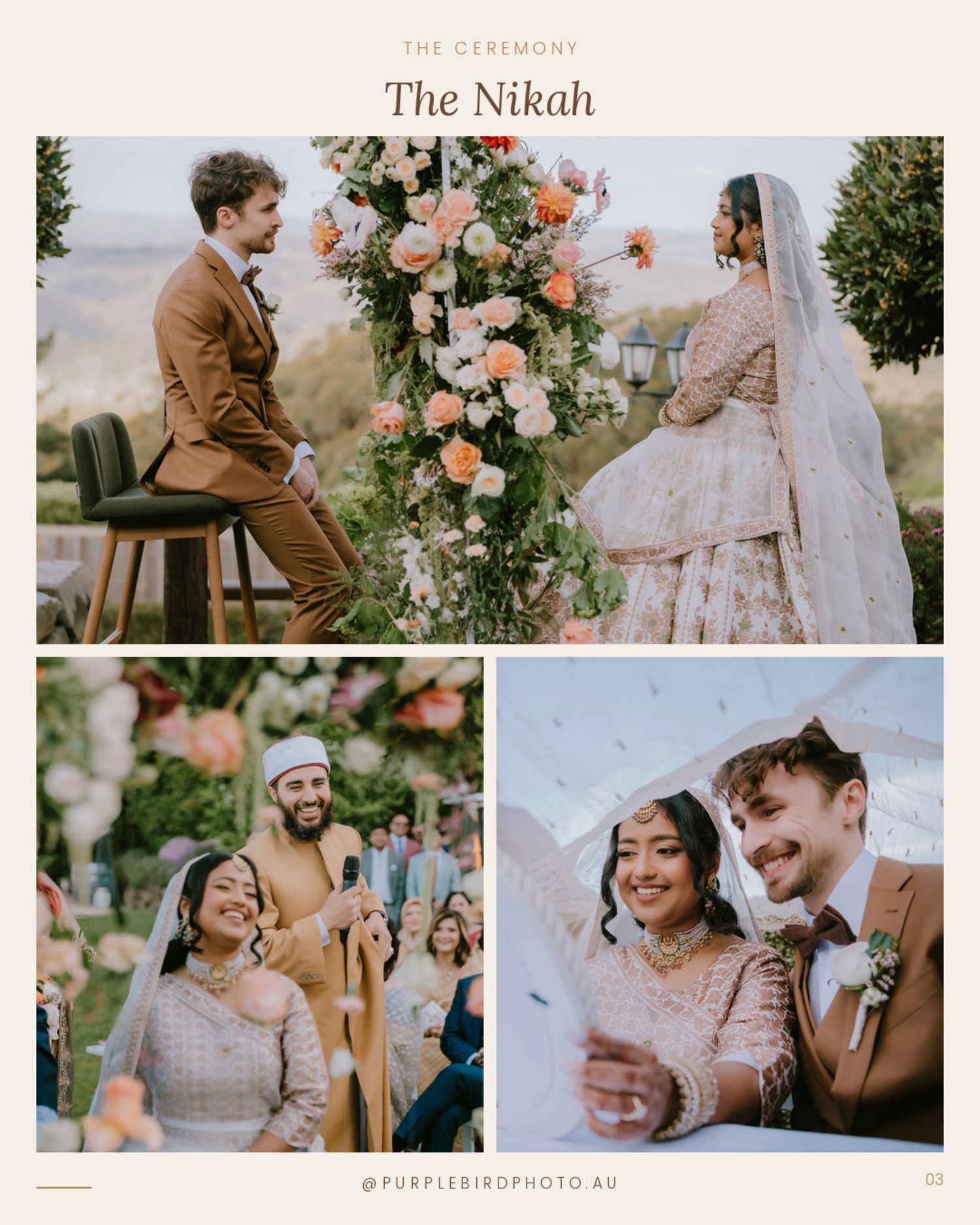 Nikah ceremony by a floral arch with the couple signing their marriage papers - Adelaide Muslim wedding photography