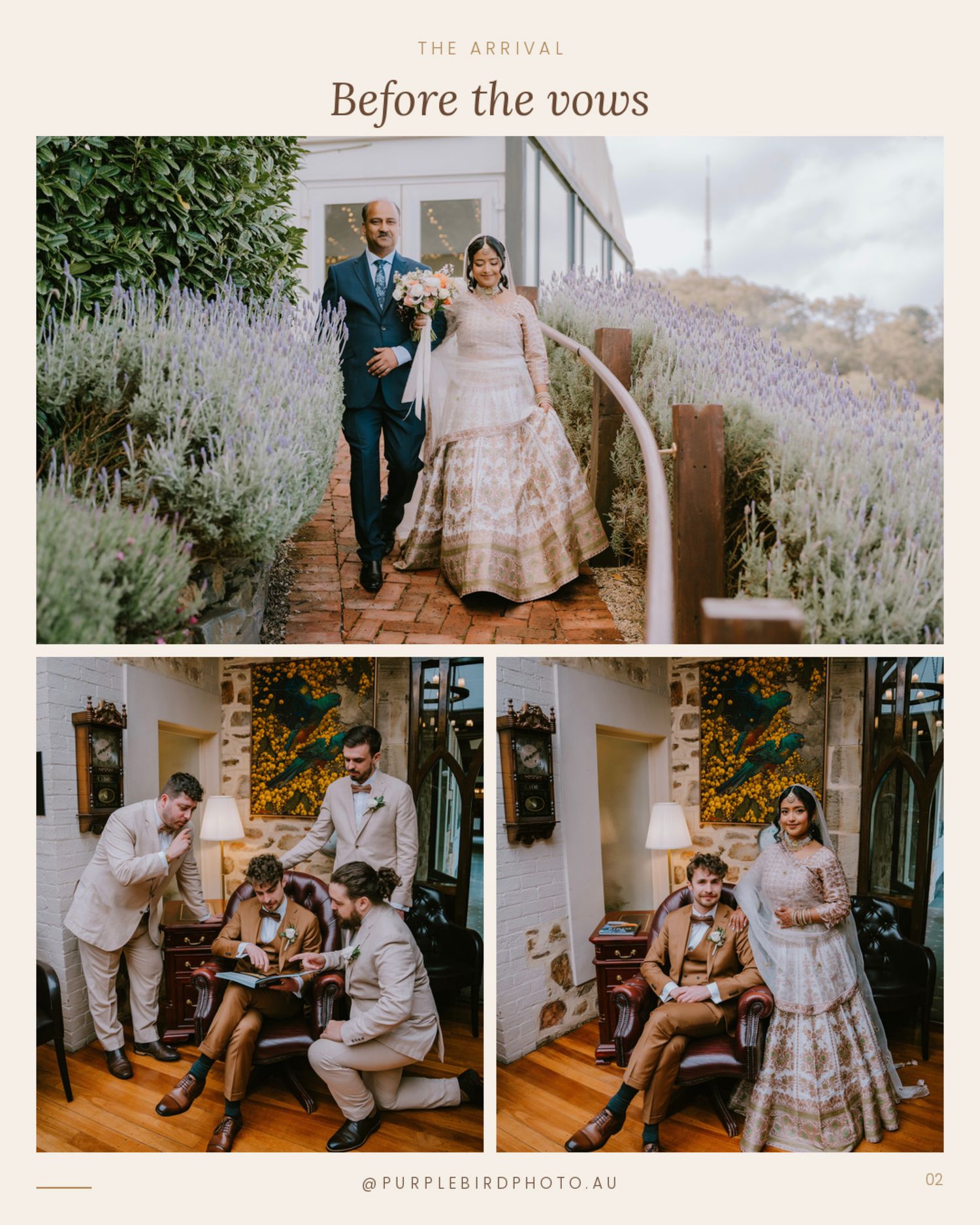 Bride in a blush gown and groom in a navy suit walk past lavender before the ceremony - Adelaide wedding couple portraits