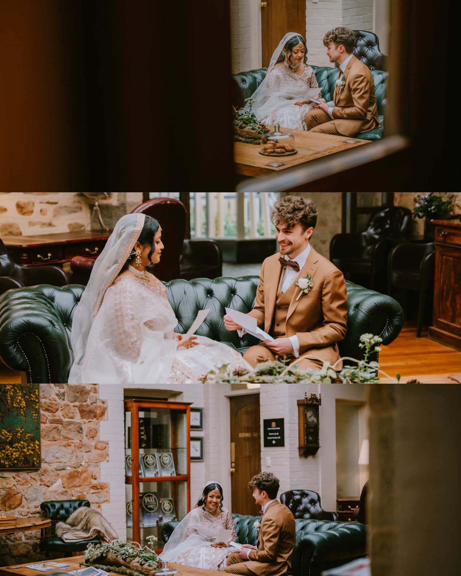 Bride and groom reading together on a Chesterfield sofa before the ceremony - Adelaide South Asian wedding photography