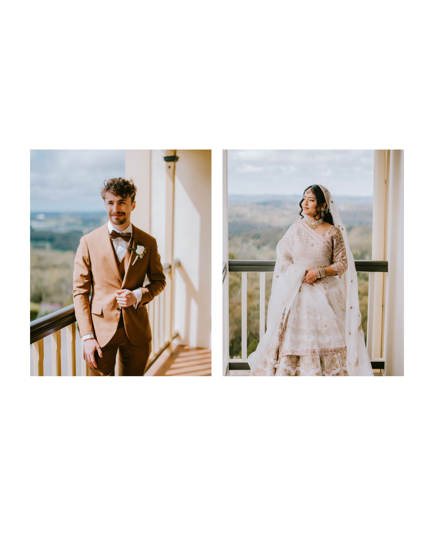 Bride in an ivory lehenga and groom in a tan suit on balconies overlooking the hills - Adelaide Hills estate wedding portraits