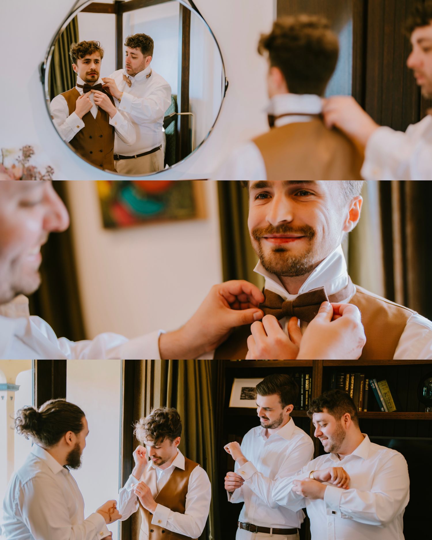 Groomsmen fixing bow ties and cuffs during getting-ready time - Adelaide wedding day timeline photography