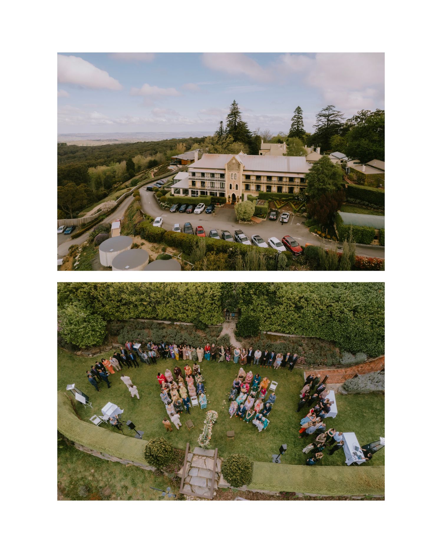 Aerial view of a hilltop estate with guests seated for an outdoor garden ceremony - Adelaide wedding venue planning