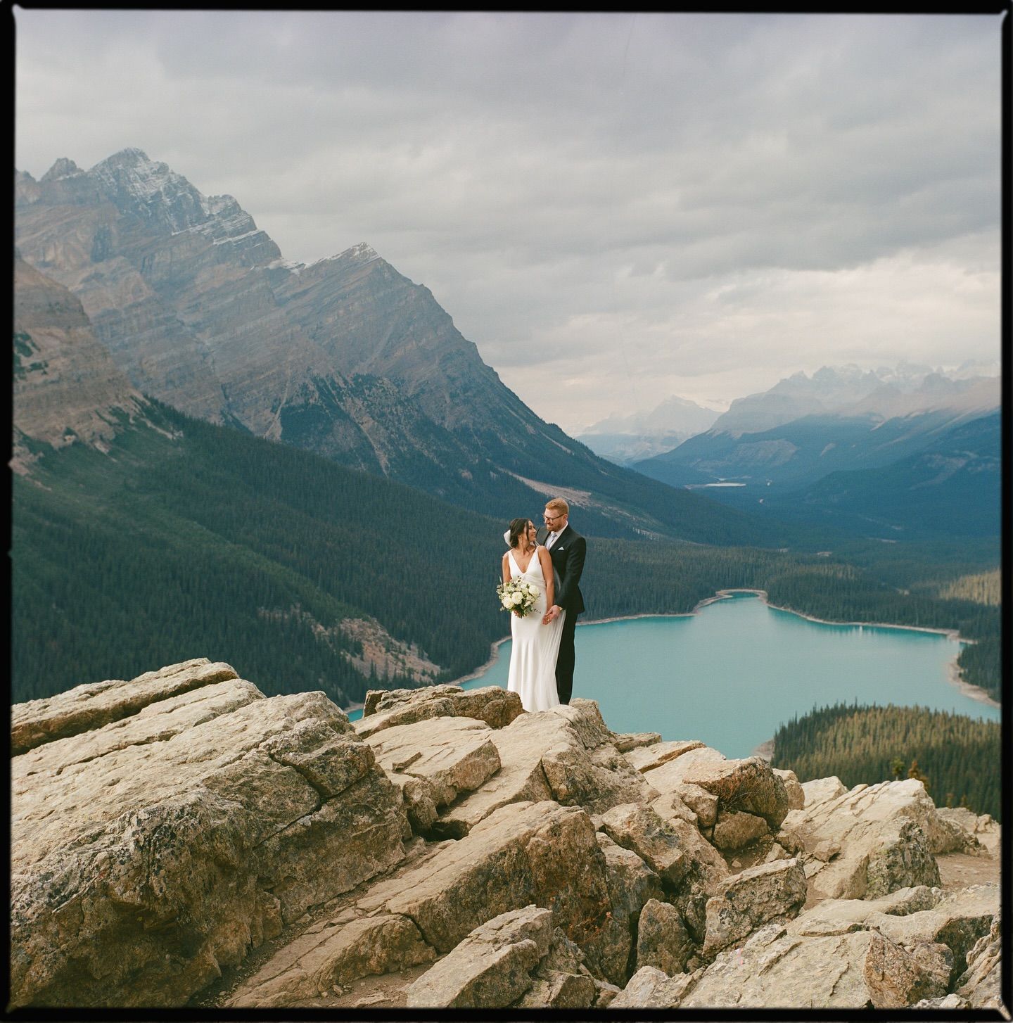 Post Hotel wedding portrait shot on Hasselblad 120 Kodak Portra film, Lake Louise