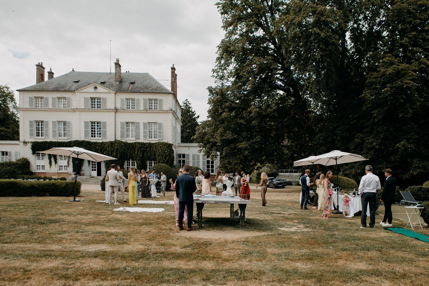 Elegant French chateau wedding reception with guests mingling on manicured lawn surrounded by lush trees.