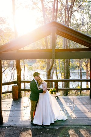 sunset Wedding portrait at Walkabout Creek, Brisbane rainforest wedding venue