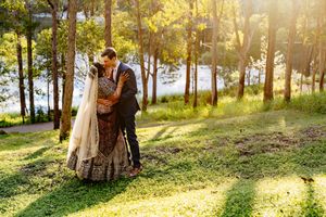 Lakeside Wedding portrait at Walkabout Creek, Brisbane rainforest wedding venue