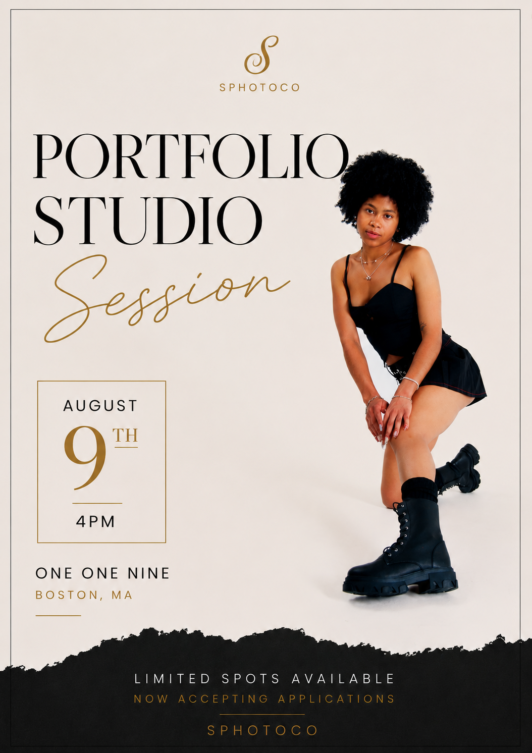 Promotional flyer for a portfolio studio photography session on August 9th at 4PM in Boston, MA featuring a young woman in black outfit.