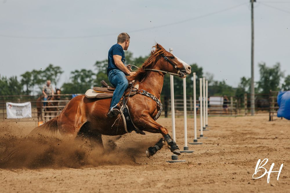 A rider on a chestnut horse performs a sharp sliding stop near poles during a western equestrian competition on a dirt arena.
