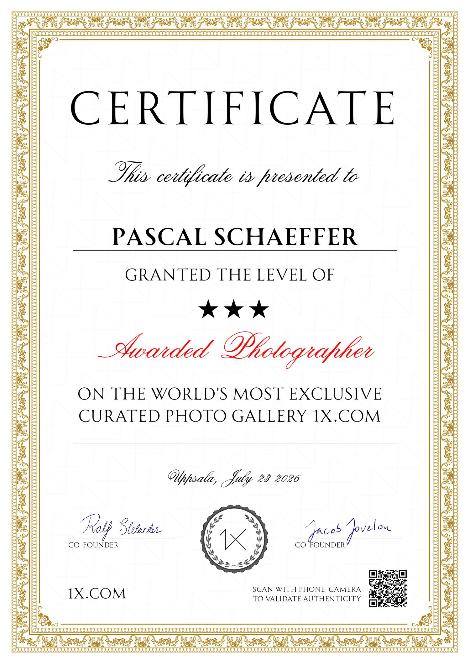 Certificate of Awarded Photographer presented to Pascal Schaeffer from 1X.com curated photo gallery, dated July 22, 2026.