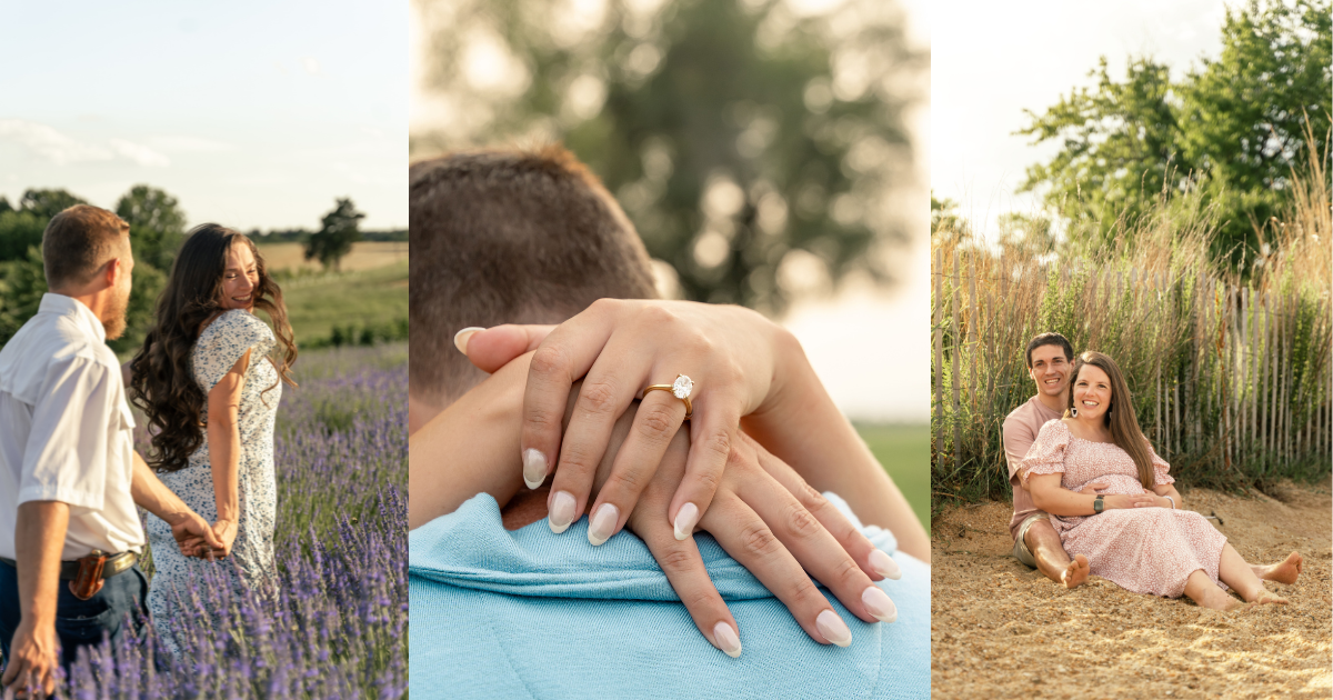 3 photos focused on couples' connections. A couple running through a lavender field, a couple embraced, and a husband and wife on the beach