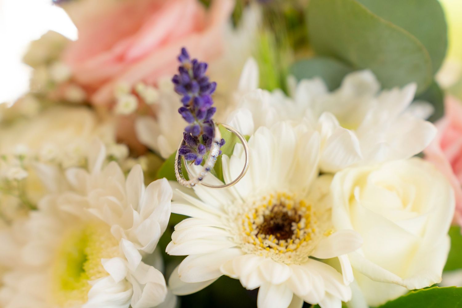 Gold wedding ring nestled among white gerbera daisies, roses, and purple lavender bouquet.
