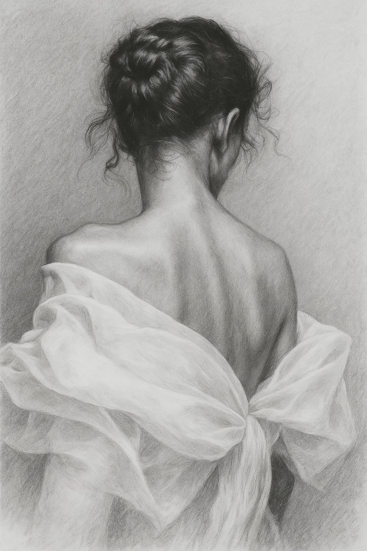 Detailed pencil sketch of a woman seen from behind, wearing an off-shoulder white gown with her hair in an elegant updo.