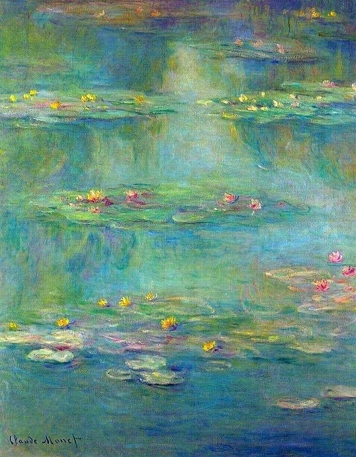 Claude Monet impressionist painting of water lilies floating on a serene green pond with pink and yellow blooms.