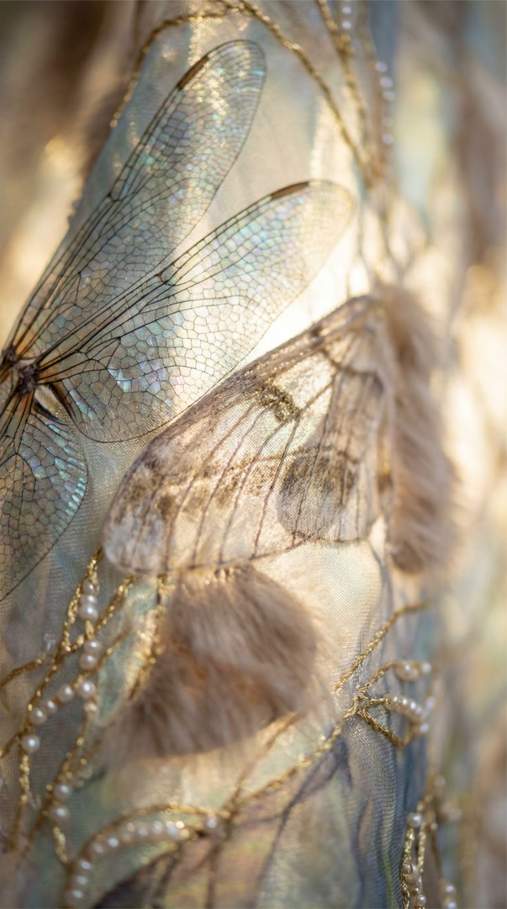 Ethereal dragonfly wings embroidered on sheer fabric with gold threads, pearls, and feathery accents in soft champagne tones.
