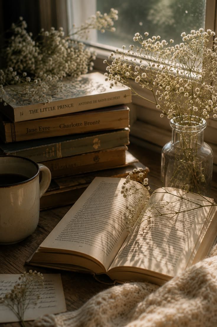 Cozy reading nook with open book, coffee cup, stacked classics including The Little Prince, and baby's breath flowers by a sunlit window.