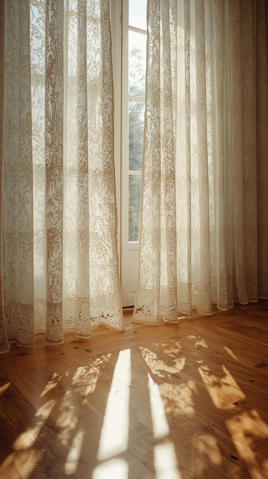 Sheer lace curtains filter warm sunlight onto golden hardwood floors in an elegant, softly lit room.