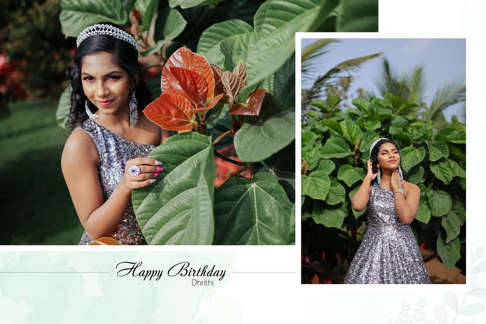 A woman in a silver sequin gown poses near tropical plants with a Happy Birthday message overlay.