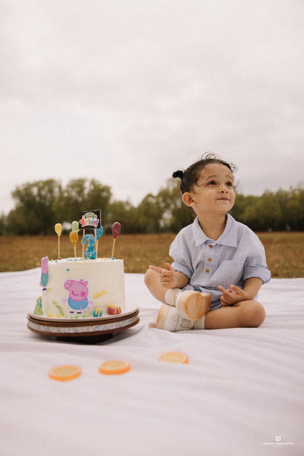 Toddler boy sitting on white blanket outdoors beside a Peppa Pig first birthday cake in a field.