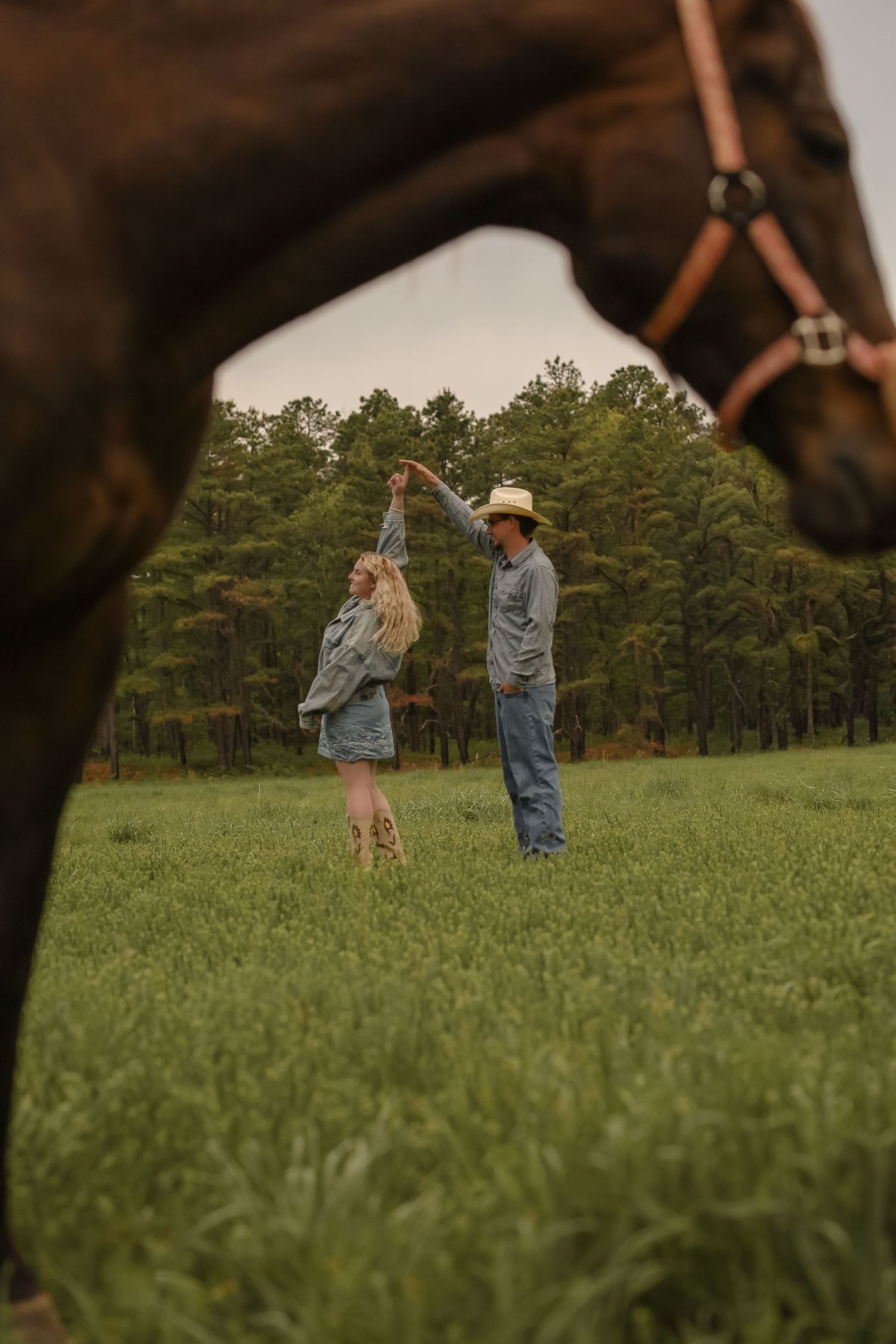 Couple dancing in green field framed by a brown horse in foreground with pine trees behind.