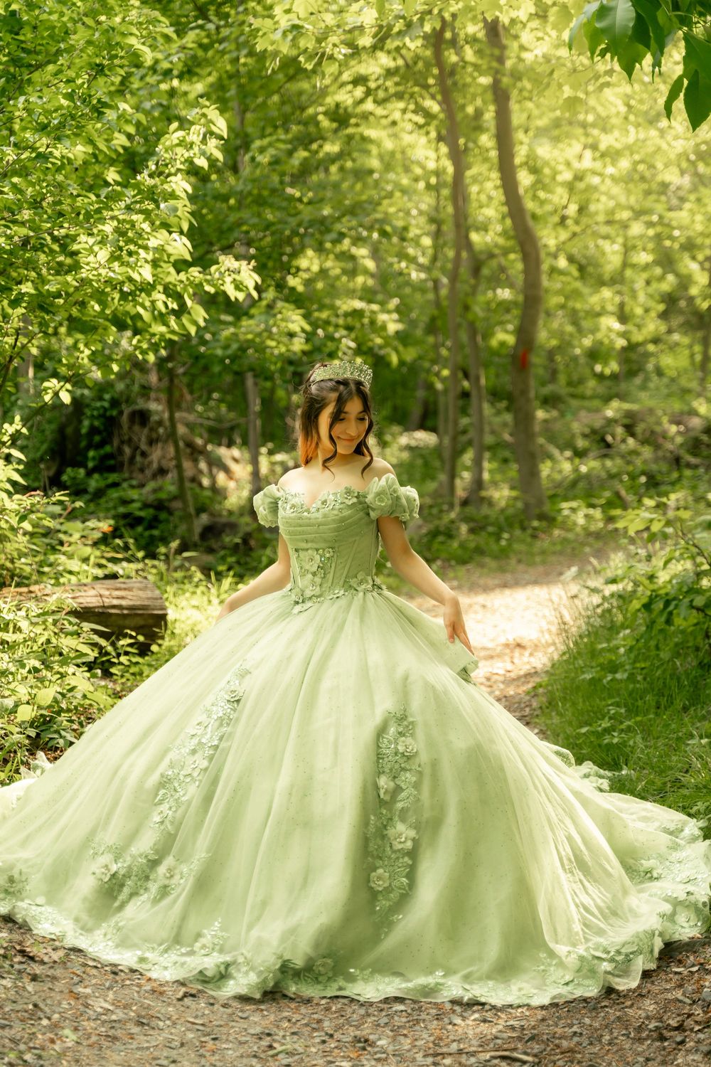 Quince portrait session, birthday girl wearing lavish green ballgown in the forest